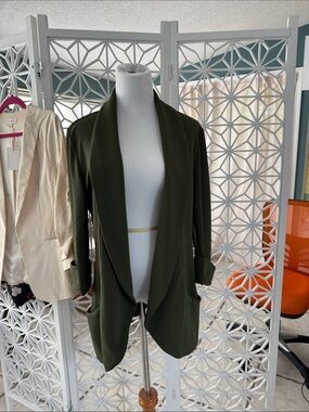 Women's Olive Open-Front Blazer with Rolled Cuffs